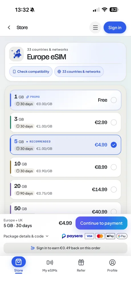 The Horizon iPhone app showing the free 1 GB Europe package