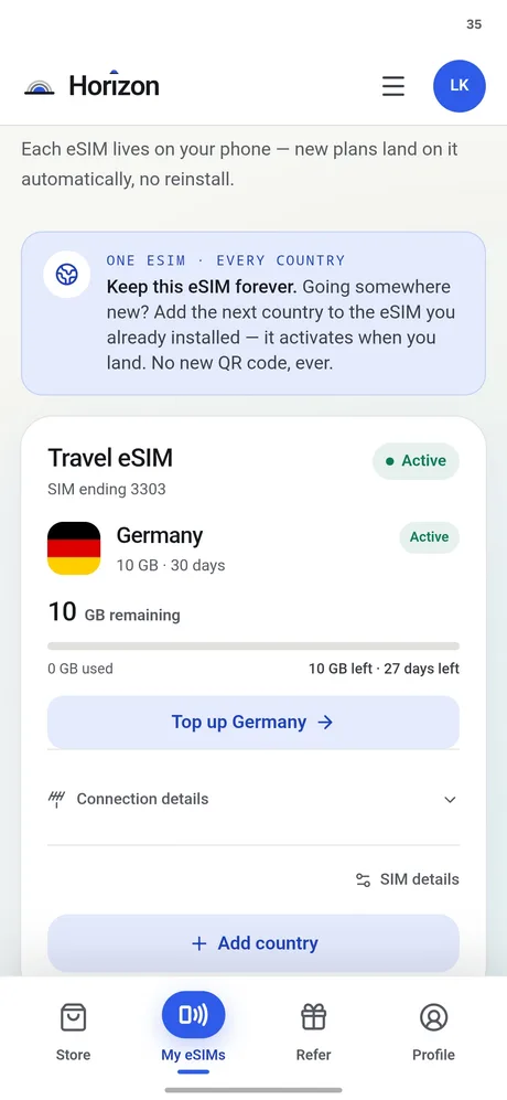 The Horizon eSIM app showing the data and days left on an active plan
