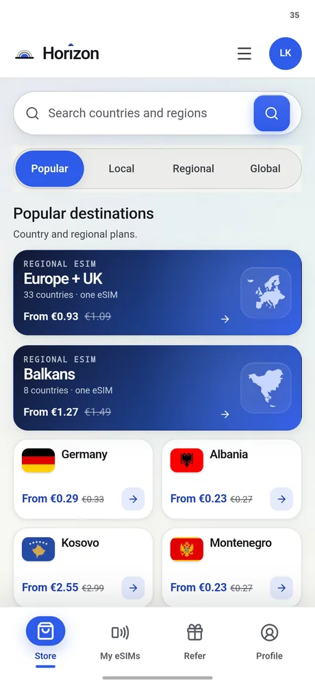 The Horizon eSIM app showing popular destinations