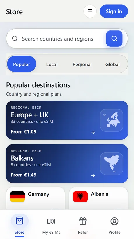The Horizon eSIM app showing popular destinations