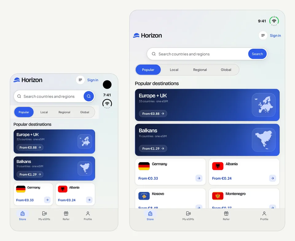 Horizonova Trgovina na vanjskom zaslonu preklopljenog iPhonea Duo, pokraj otvorenog unutarnjeg zaslona.