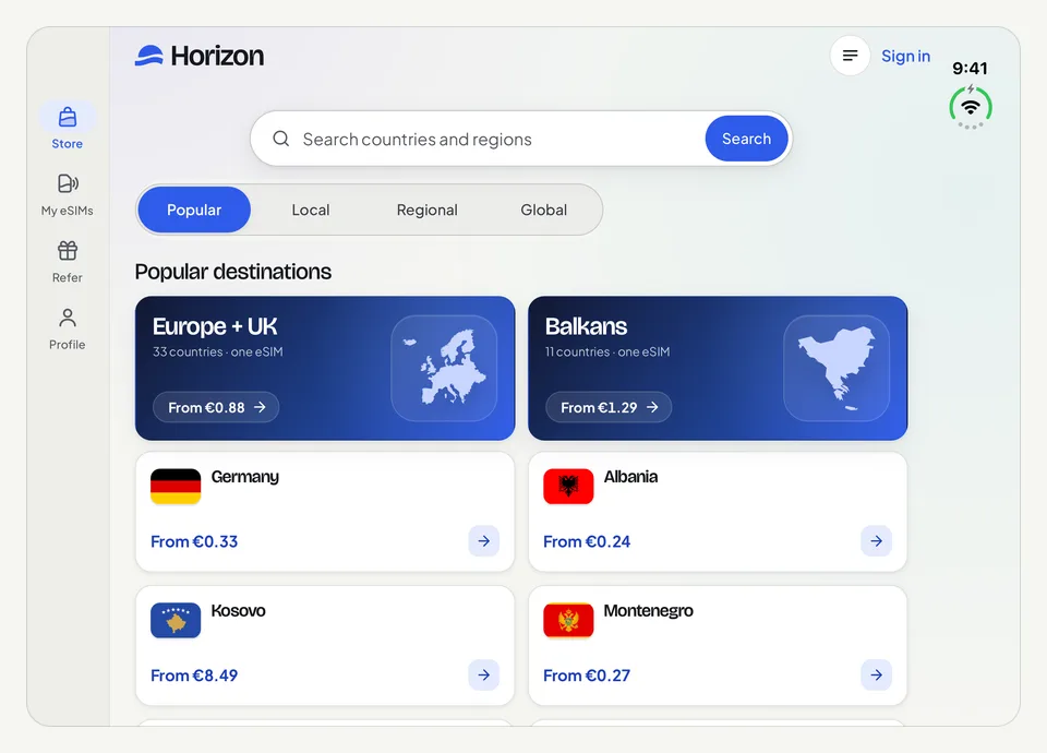 Horizonova Trgovina na otvorenom iPhoneu Duo okrenutom vodoravno, s trakom kartica na lijevoj strani.