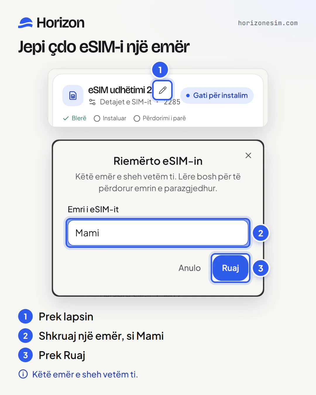 Dy pamje ekrani nga eSIM-et e mia, me shënime të numëruara: 1, lapsi pranë emrit të eSIM-it; 2, dritarja Riemërto eSIM-in, me Mami të shkruar në fushën Emri i eSIM-it; 3, butoni Ruaj. Poshtë: Këtë emër e sheh vetëm ti.